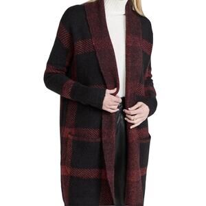 Joe's Jeans Solange Blanket Intarsia Dk‎ Red Plaid Warm Glitter Cardigan Sz Med